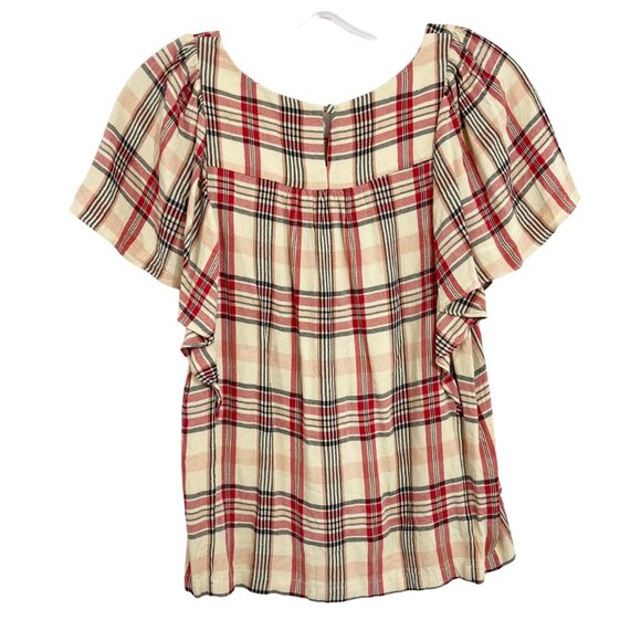 Anthropologie Maeve Priscilla Plaid Flutter Sleeve Top Tan Red - Size Small - Picture 2 of 6